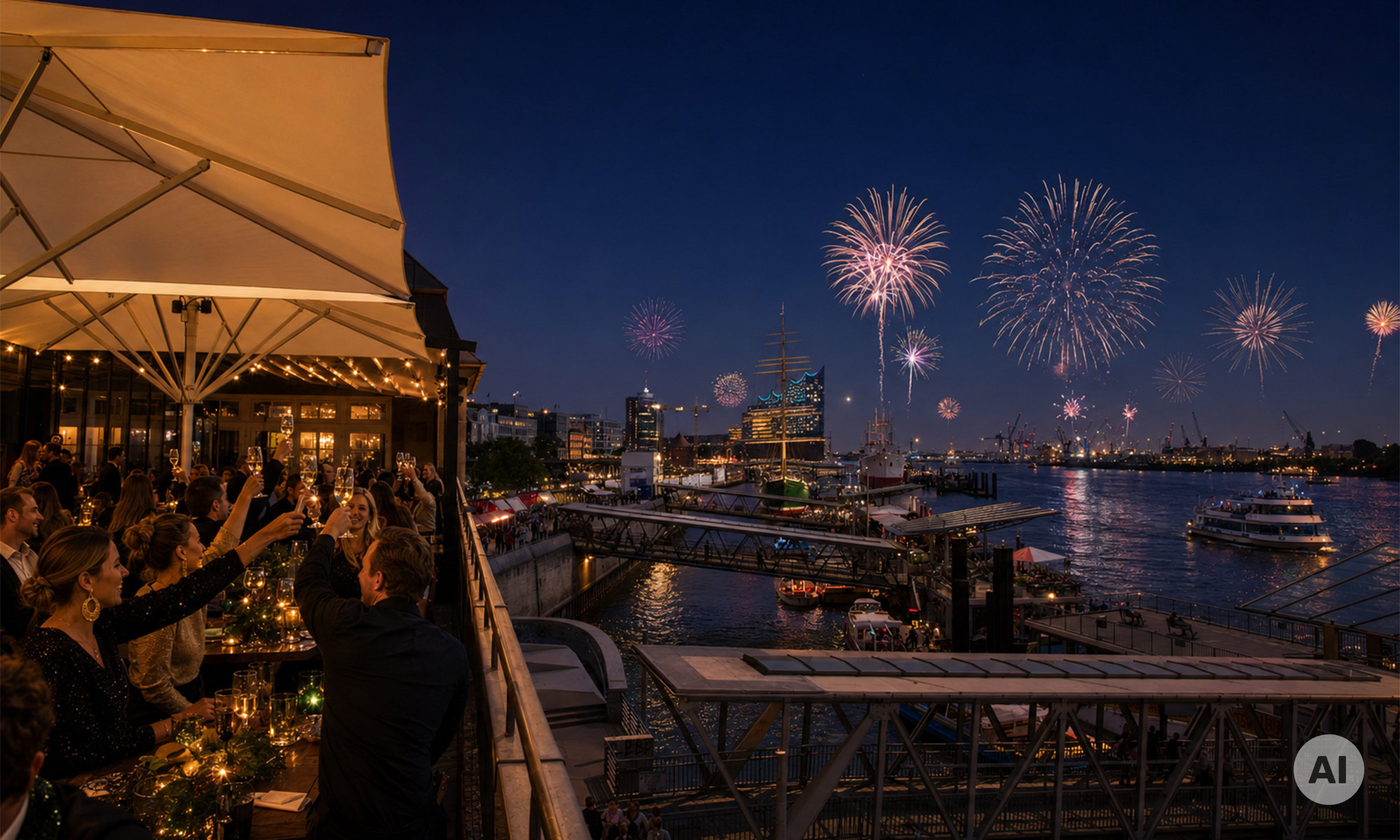 Gäste feiern Silvester auf der Blockbräu Dachterrasse und stoßen gemeinsam an, während ein großes Feuerwerk den Nachthimmel über dem Hamburger Hafen und der Elbphilharmonie erleuchtet.