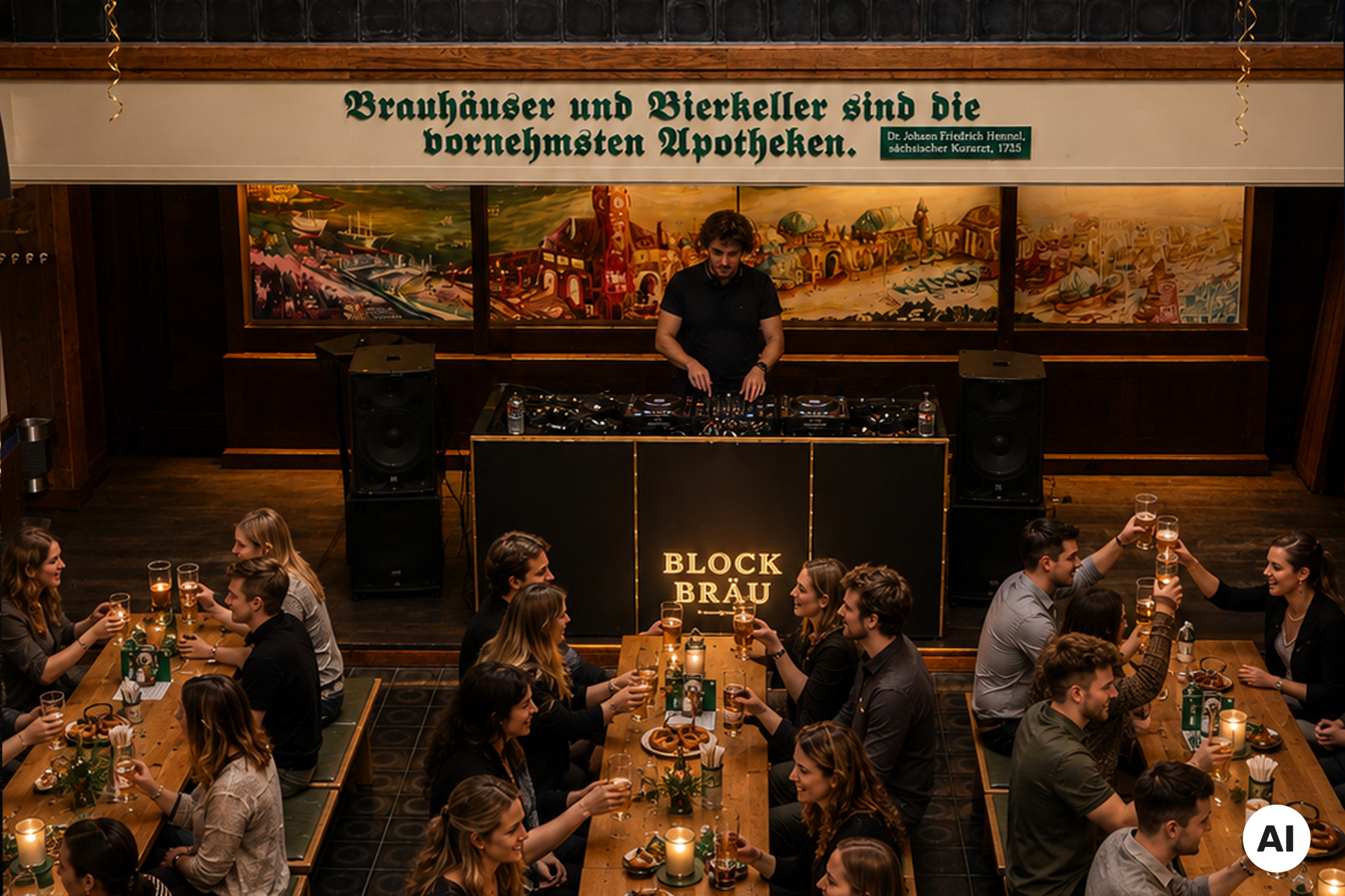 Silvesterfeier im Blockbräu mit zahlreichen Gästen, die an langen Tischen gemeinsam mit Bier anstoßen, während ein DJ im festlich beleuchteten Gastraum für Musik sorgt.