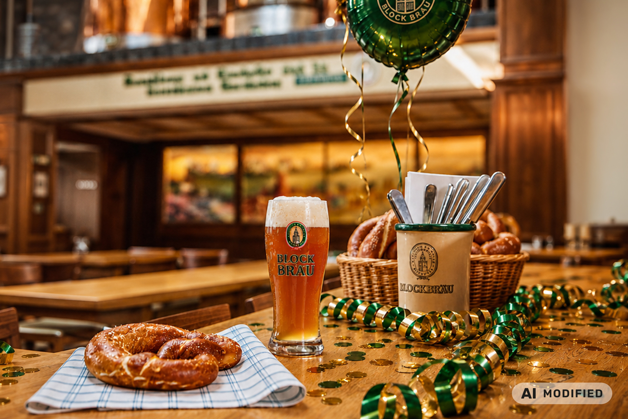 Festlich dekorierter Tisch im Blockbräu mit einem frisch gezapften Bier, Brezeln, grün-goldenen Luftschlangen und Konfetti zur Silvesterfeier.