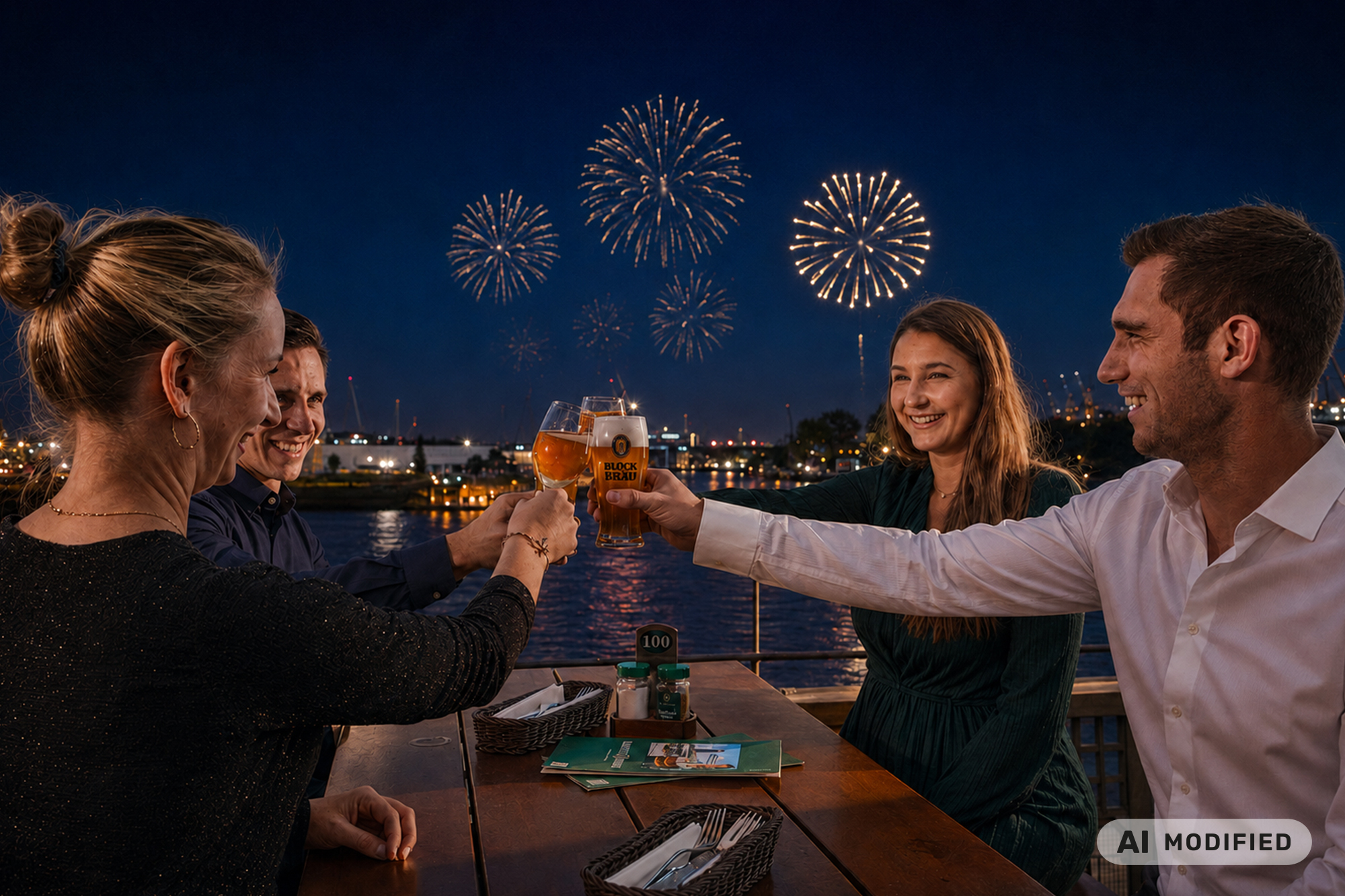 Vier Gäste stoßen auf der Blockbräu Terrasse mit Bier an, während über dem Hamburger Hafen ein Silvesterfeuerwerk den Nachthimmel erleuchtet.