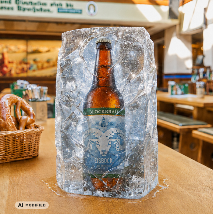 Flasche Blockbräu Eisbock in einem Eisblock auf einem Tisch im Blockbräu